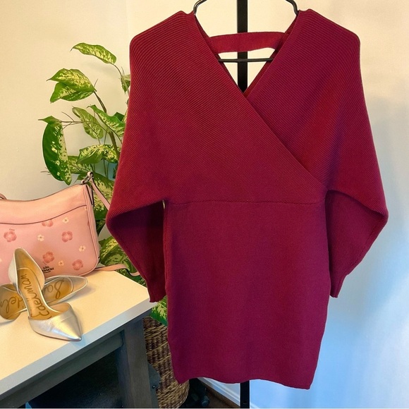 Dresses & Skirts - Knit Mini Dress with Ballooned Sleeves Burgundy - Large/X Large